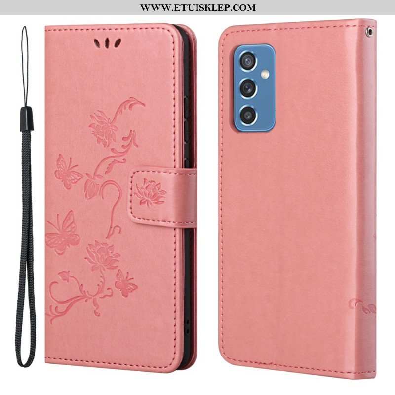 Etui Folio do Samsung Galaxy M52 5G z Łańcuch Pasek W Motyle I Kwiaty